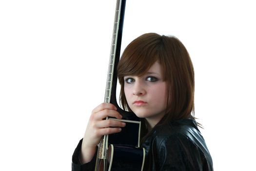 Rock girl with guitar isolated on white