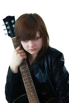 Rock girl with guitar isolated on white