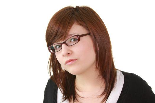 Portrait of young beautiful female teenager in glasses isolated on white background