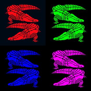 vibrant pairs of crocodiles in red, green, blue and pink on contrasting black