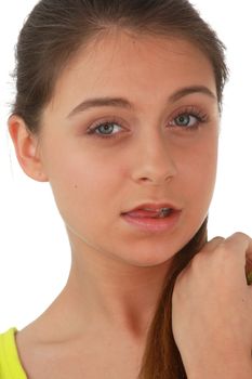 Young girl in green shirt portrait isolated on white background