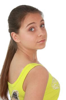 Young girl in green shirt portrait isolated on white background