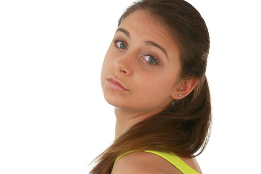 Young girl in green shirt portrait isolated on white background