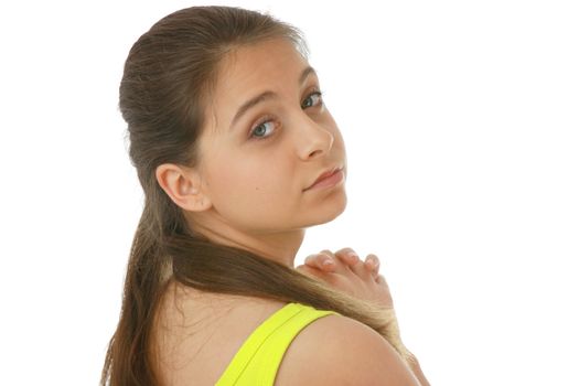 Young girl in green shirt portrait isolated on white background