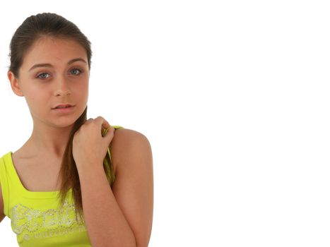 Young girl in green shirt portrait isolated on white background