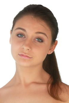 Portrait of young woman with health skin of face isolated on white background