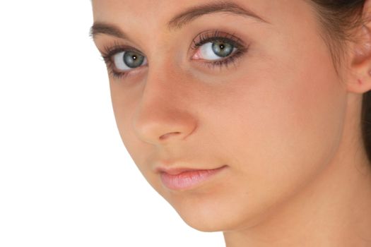 Portrait of young woman with health skin of face isolated on white background