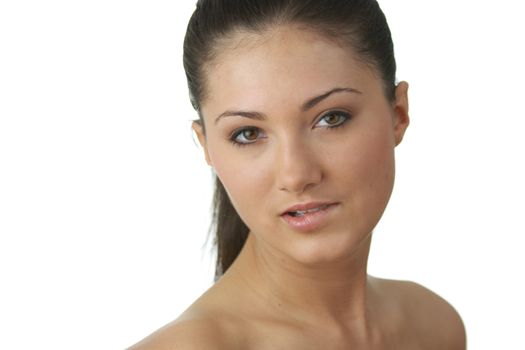 Portrait of young woman with health skin of face isolated on white background