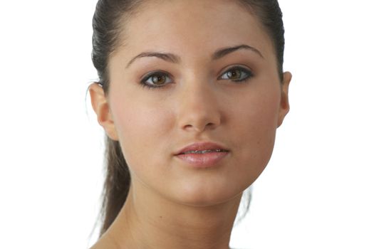 Portrait of young woman with health skin of face isolated on white background