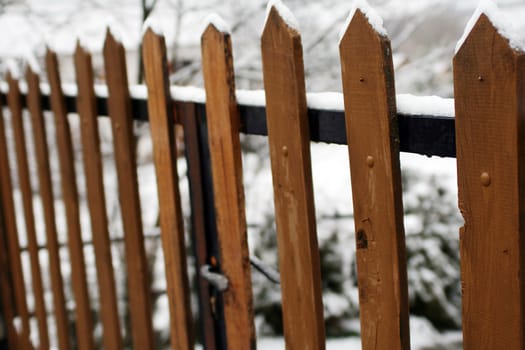 Wooden gate in snow