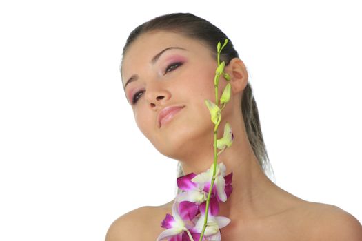 Beauteful spa girl with orchid isolated on white background