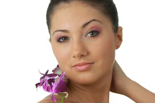 Beauteful spa girl with orchid isolated on white background