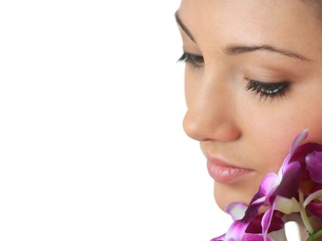 Beauteful spa girl with orchid isolated on white background