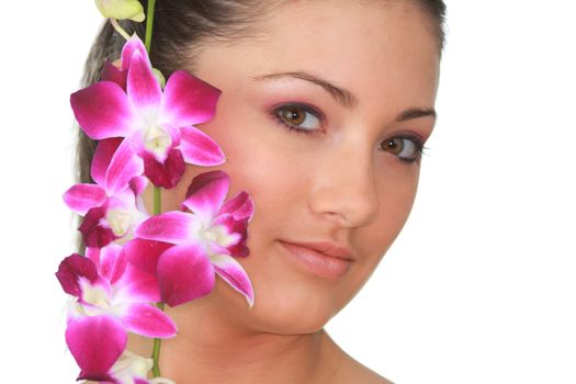 Beauteful spa girl with orchid isolated on white background