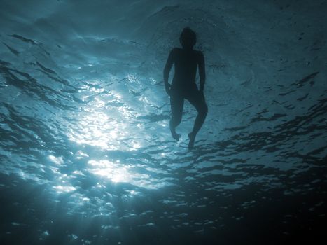 Child, in back-light, swim in the sea.