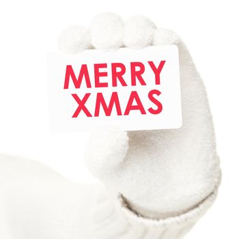 Hand holding Merry Christmas sign / business card isolated on white background.