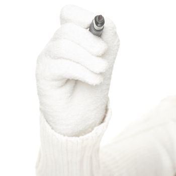 Hand in white glove drawing / writing with pen isolated on white background.