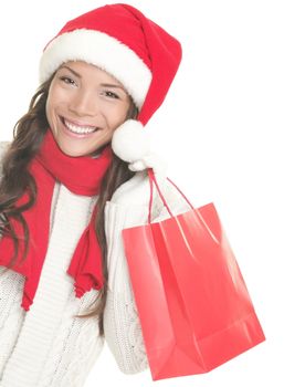 Christmas shopping woman isolated on white background.