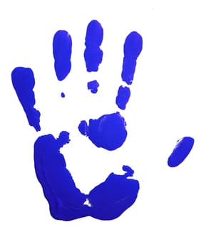 Blue hand-print isolated on white.