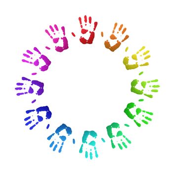 Colorful handprints, on white, of human hands in circle.