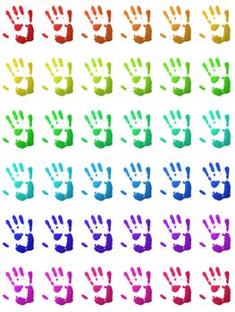 Colorful handprints of human hands on white.