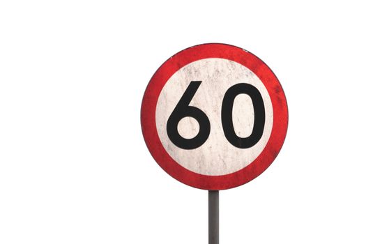 An isolated on white dirty 60km speed sign