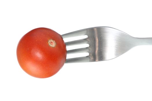 Fork with tomato isolated on white background