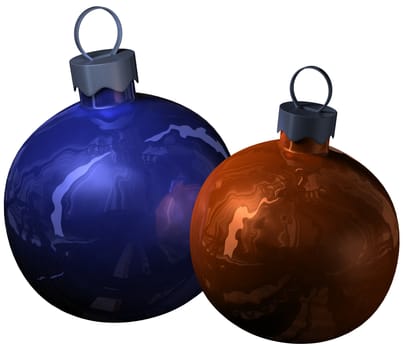 Two christmas blue and orange shiny balls