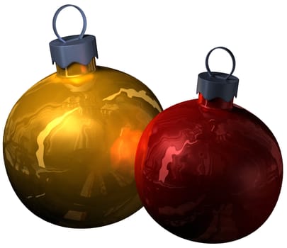 Two christmas gold and red shiny balls