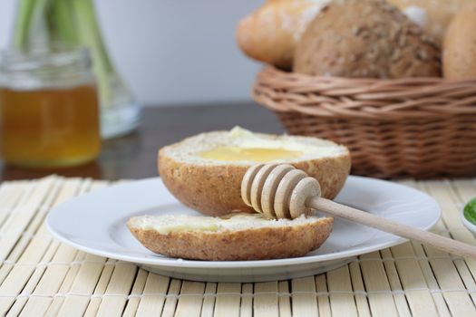 Fresh bread With Honey, cup of cofee And Green Apples