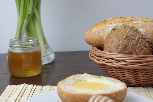 Fresh bread With Honey, cup of cofee And Green Apples