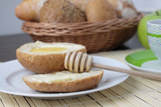 Fresh bread With Honey, cup of cofee And Green Apples