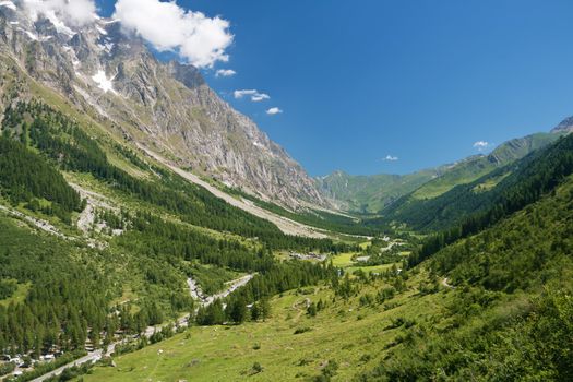 summer view of Ferret valley on summer Courmayeur, Italy