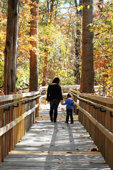 Young mother walking with little girl in a beautiful autumn park.
