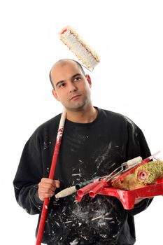 house painter with paint roller on white background