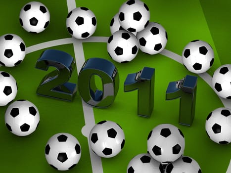 Many soccerballs with 2011 in center on a green playground