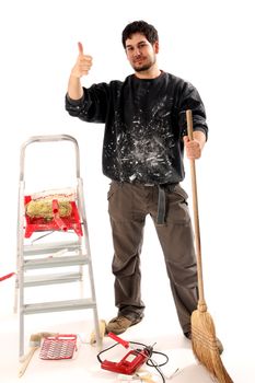 house painter with paint roller on white background