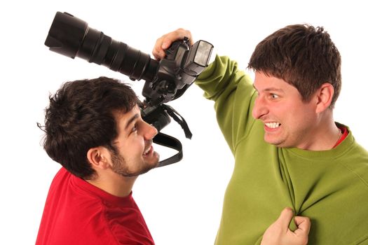 Two Professional photographers fighting on white background