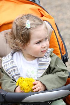 beautiful pretty girl with flower in a pram