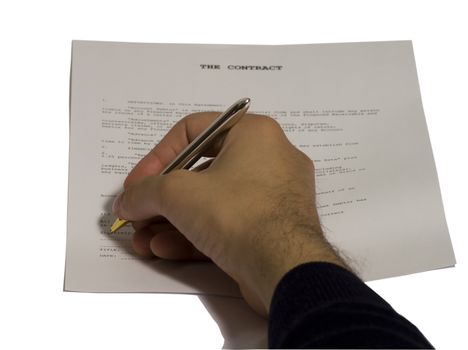 Male hand signing a contract, on white background