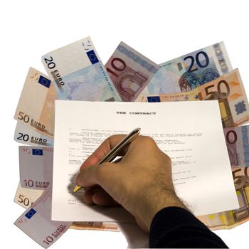 Male hand signing a contract on money background