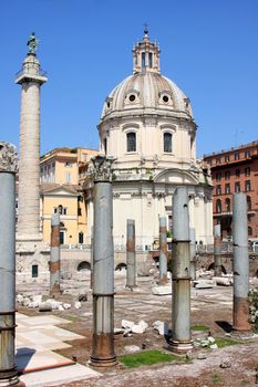 Traian column and Santa Maria di Loreto in Rome, Italy