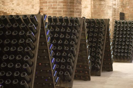 Closeup of bottles of wine aging in an old cellar