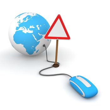 blue computer mouse is connected to a blue globe - surfing and browsing is blocked by a triangular red-white warning sign that cuts the cable - empty template sign