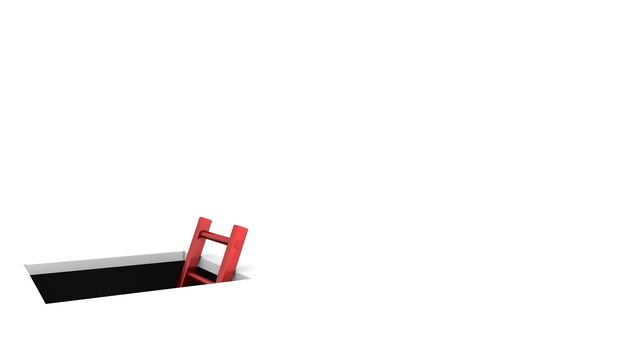a rectangle hole in the white ground - metallic red ladder to climb out - whitespace on the right for your content