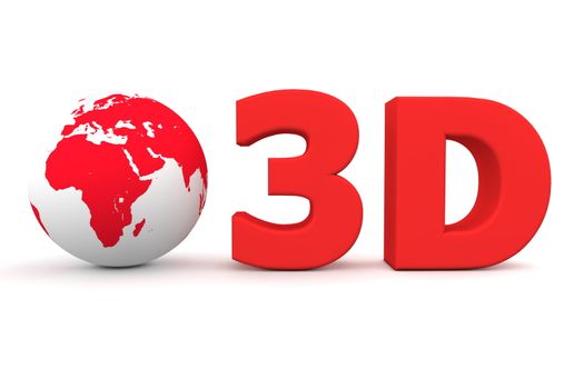 matt red word 3D with a 3D globe - front view