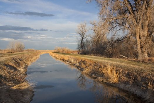 irrigation channel in eastern Colorado farmland, early spring