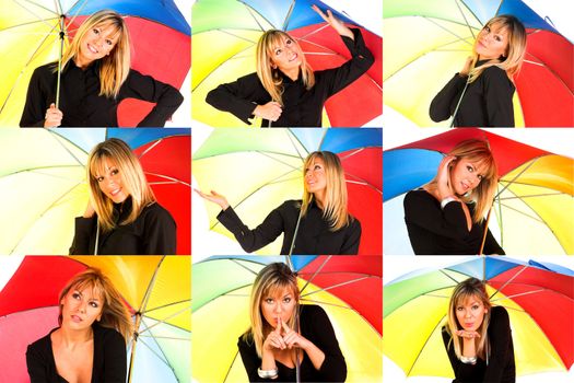 young girl with umbrella in colors with series photos