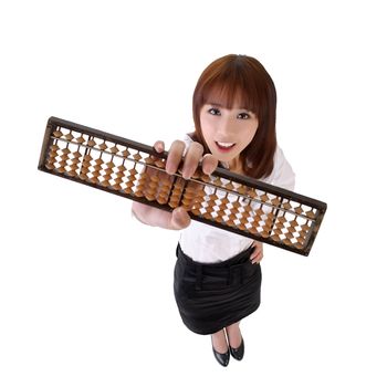 Chinese business woman holding abacus, full length portrait isolated on white.