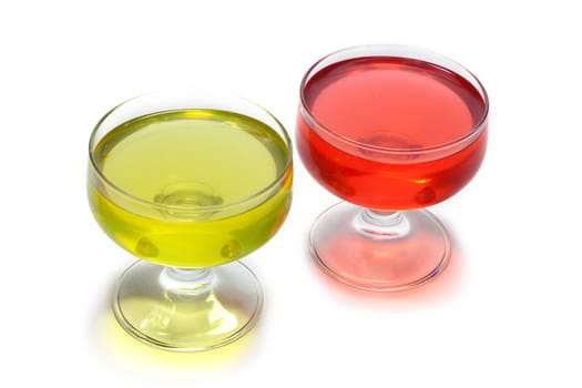 Red jelly in transparent glass, transparent, on white background